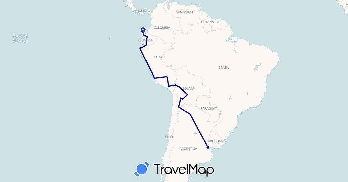 TravelMap itinerary: driving in Argentina, Bolivia, Chile, Ecuador, Peru (South America)